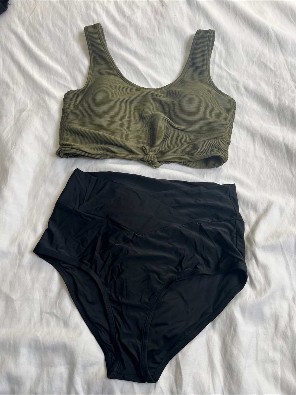 Olive Ribbed Knot Bikini Top with Black High Waist Bottoms coral reef swim